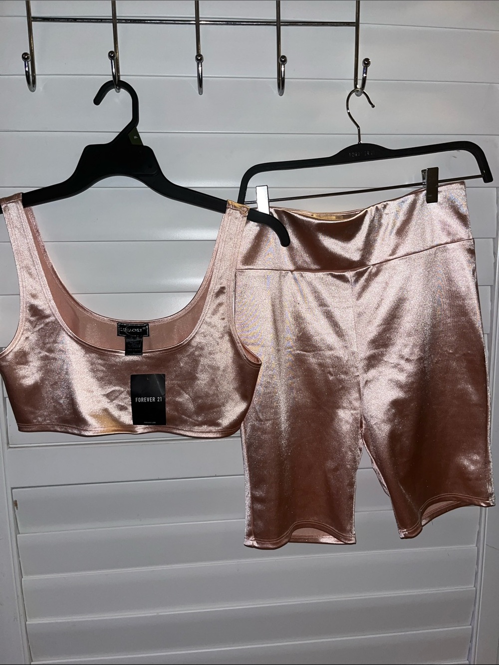 Forever 21 Rose Gold Satin Crop Bralette & Bike Shorts Set